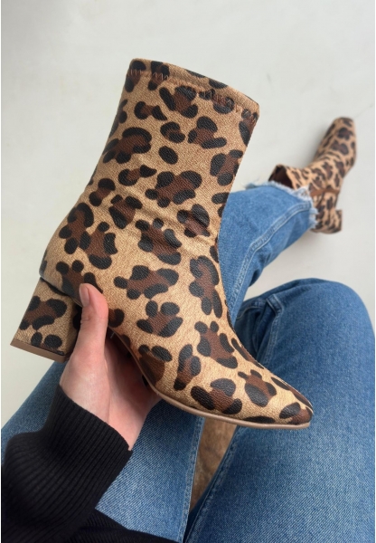 LQZ Shoes Birta Leopar Cilt Streç Topuklu Bot