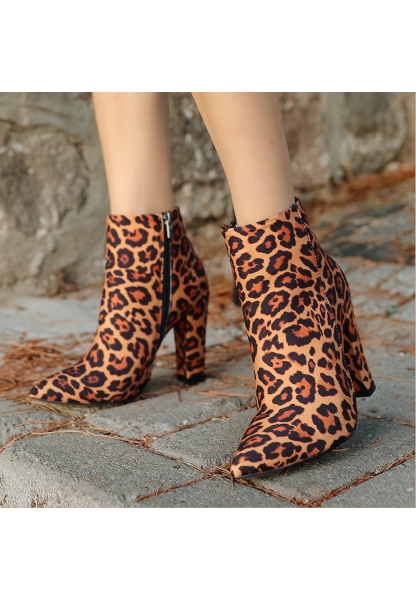 LQZ Shoes Loora Leopar Saten Topuklu Bot