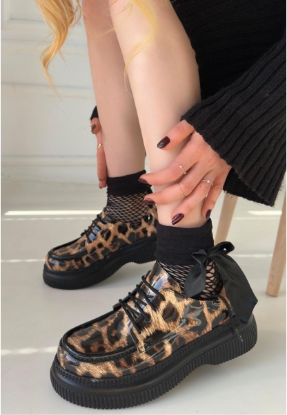 LQZ Shoes Teop Leopar Rugan Bağcıklı Babet Ayakkabı