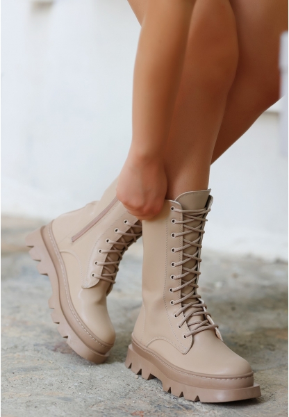 LQZ Shoes Toir Nude Cilt Bağcıklı Postal